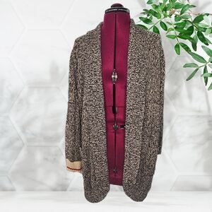 Kismet Long Chic Open Front Black Cream Knit Sweater With Pockets Womens
